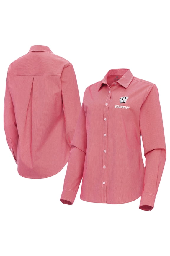 Women's Antigua Red Wisconsin Badgers Porter Woven Tri-Blend Long Sleeve Button-Up Shirt