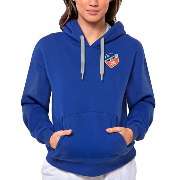 Women's Antigua Royal FC Cincinnati Team Logo Victory Pullover Hoodie