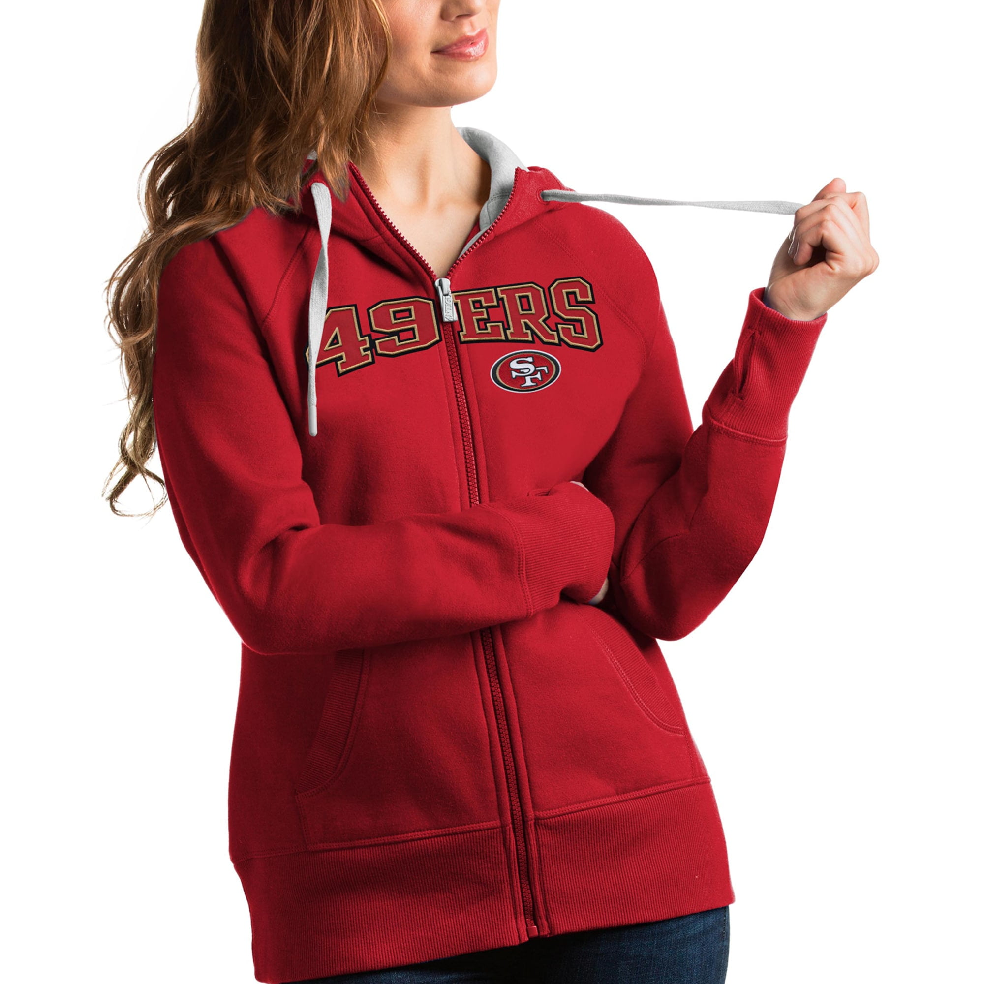 Women's Antigua Scarlet San Francisco 49ers Wordmark Victory Full-Zip Hoodie