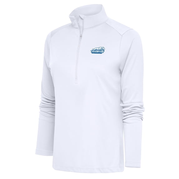 Women's Antigua White Assumption Greyhounds Tribute Digital Thermal Half-Zip Pullover Top