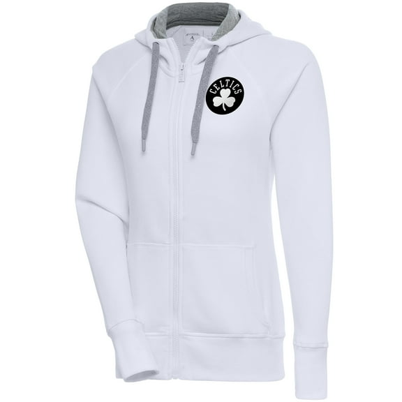 Women's Antigua White Boston Celtics Brushed Metallic Victory Full-Zip Hoodie