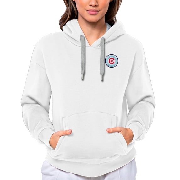 Women's Antigua White Chicago Fire Team Logo Victory Pullover Hoodie