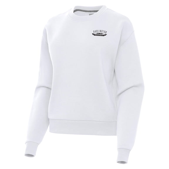 Women's-Antigua White Darlington Raceway Victory Pullover Sweatshirt