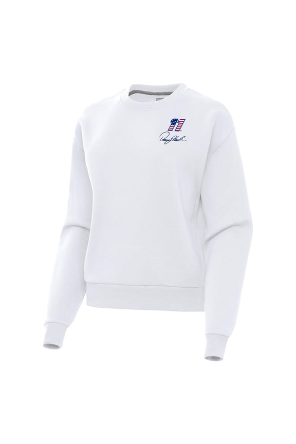 Women's-Antigua White Denny Hamlin Victory Crewneck Pullover Sweatshirt