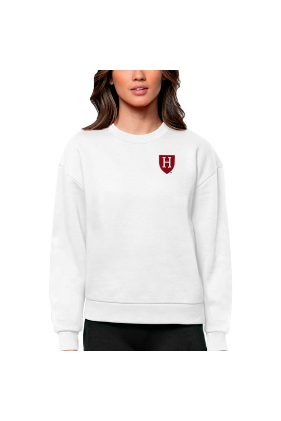 Women's Antigua White Harvard Crimson Logo Victory Crewneck Pullover Sweatshirt