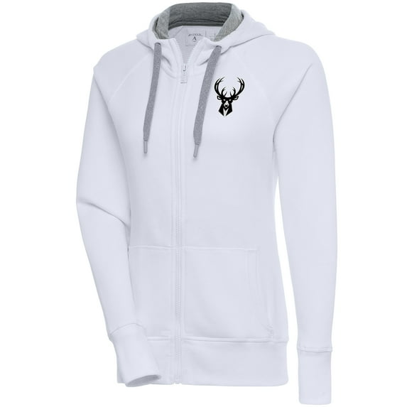 Women's Antigua White Milwaukee Bucks Brushed Metallic Victory Full-Zip Hoodie
