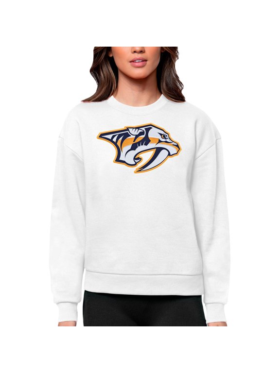 Women's Antigua White Nashville Predators Primary Logo Team Logo Victory Crewneck Pullover Sweatshirt