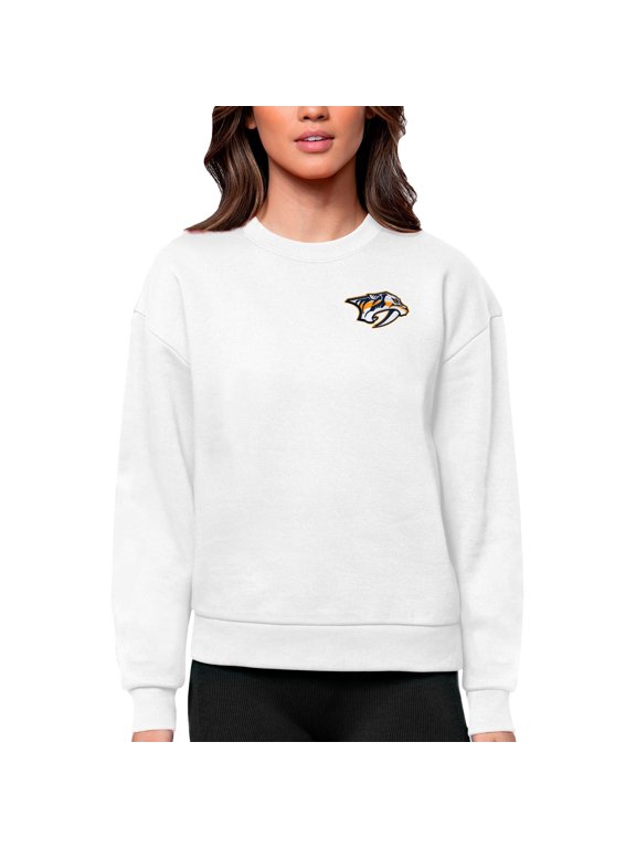 Women's Antigua White Nashville Predators Primary Logo Victory Crewneck Pullover Sweatshirt