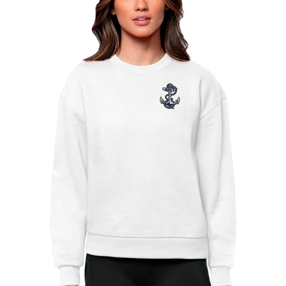 Women's Antigua White Navy Midshipmen Logo Victory Crewneck Pullover Sweatshirt