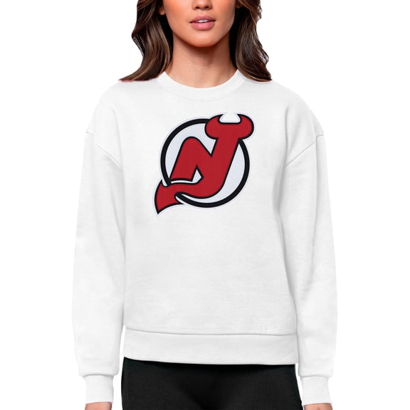 Women's Antigua White New Jersey Devils Primary Logo Team Logo Victory Crewneck Pullover Sweatshirt