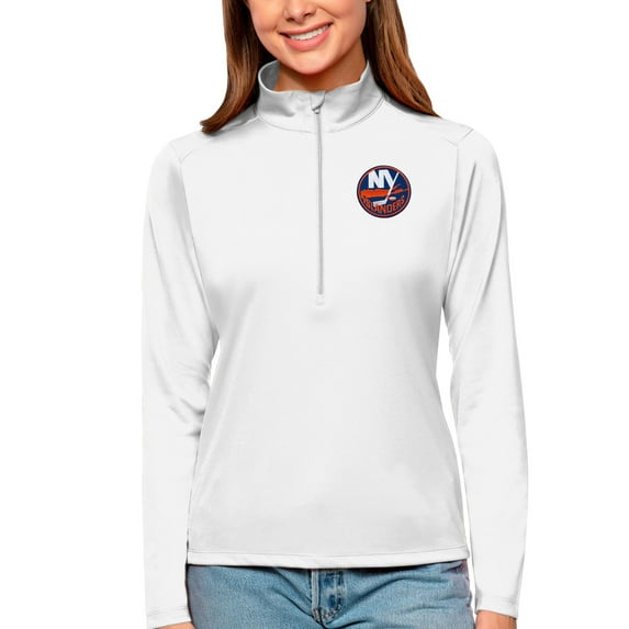 Women's Antigua White New York Islanders Tribute Quarter-Zip Pullover Top