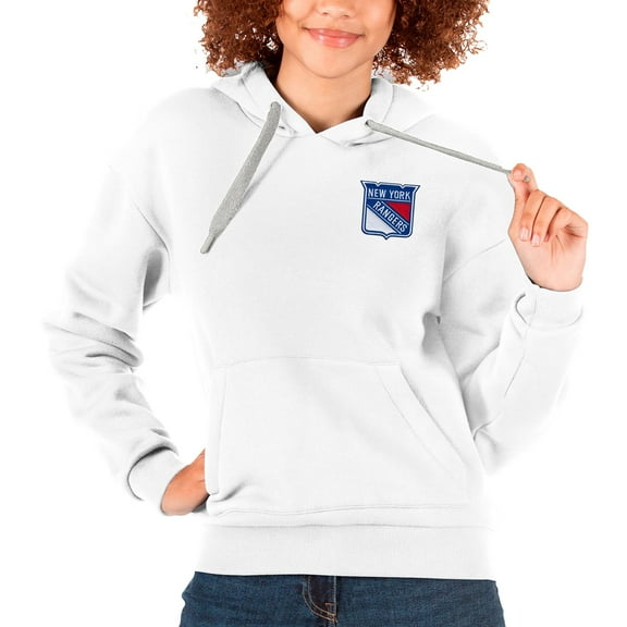 Women's Antigua White New York Rangers Primary Logo Victory Pullover Hoodie