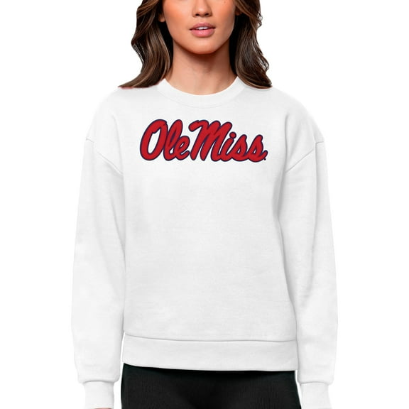 Women's Antigua White Ole Miss Rebels Victory Crewneck Pullover Sweatshirt