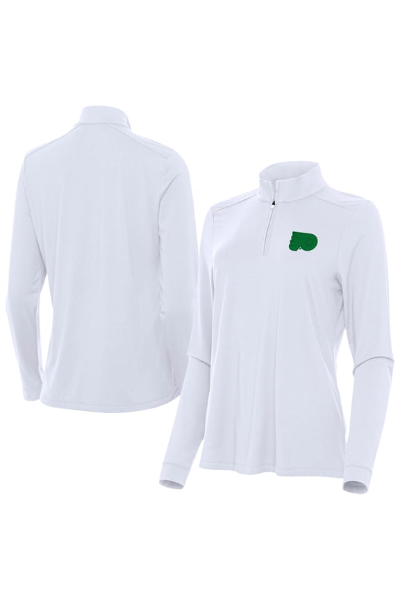 Women's Antigua White Philadelphia Flyers St. Patrick's Day Intent Quarter-Zip Performance Pullover