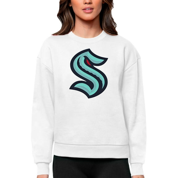 Women's Antigua White Seattle Kraken Primary Logo Team Logo Victory Crewneck Pullover Sweatshirt
