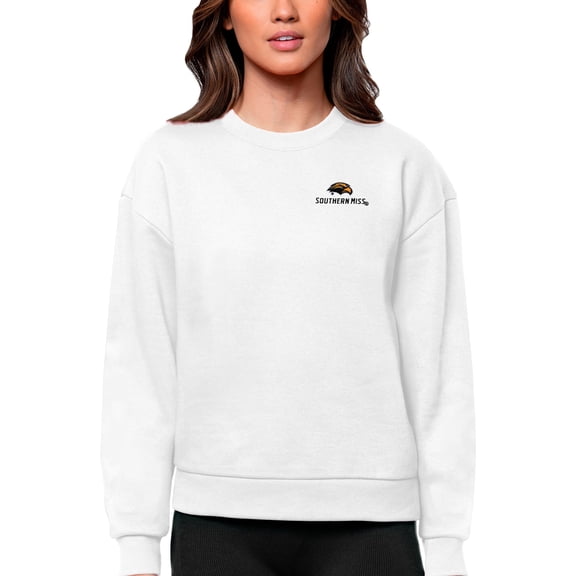 Women's Antigua White Southern Miss Golden Eagles Logo Victory Crewneck Pullover Sweatshirt