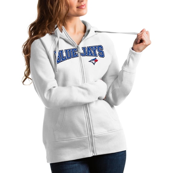 Women's Antigua White Toronto Blue Jays Team Logo Victory Full-Zip Hoodie