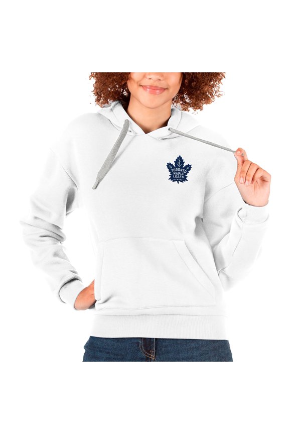 Women's Antigua White Toronto Maple Leafs Primary Logo Victory Pullover Hoodie