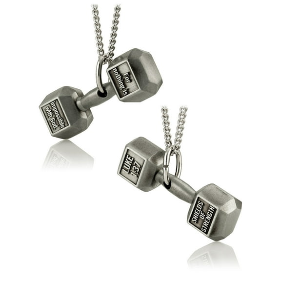 Women's Antique Finish Dumbbell Necklace-Luke 1:37 by Shields of Strength