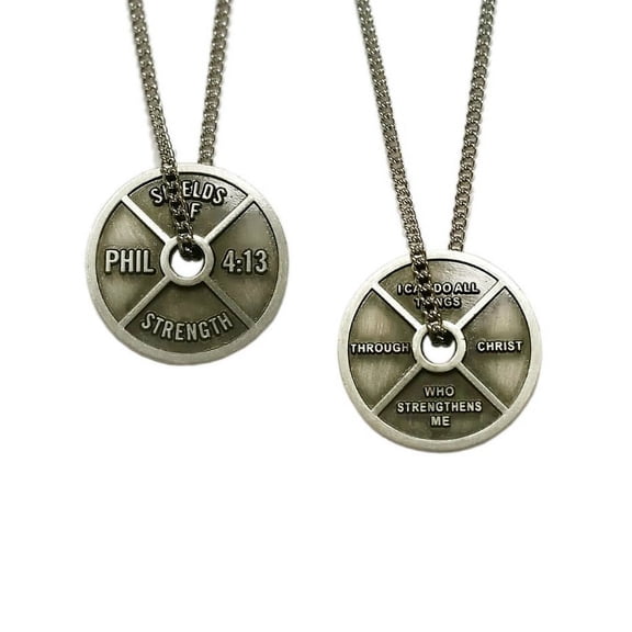 Women's Antique Finish High Relief Weight Plate Necklace-Phil 4:13-®2013 ©2013