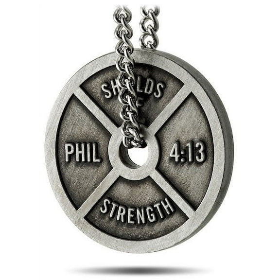 Women's Antique Finish Mini Weight Plate Necklace-Phil 4:13 by Shields of Strength