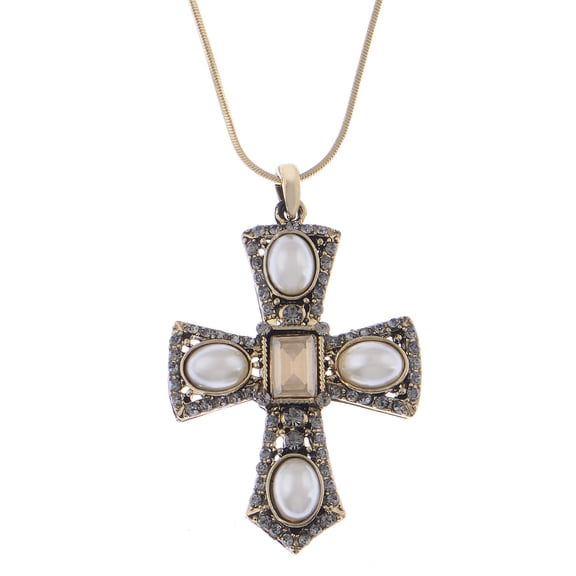 Women's Antique Gold Toned Faux Pearl Gray Topaz Crystals Faith Cross Pendant Necklace