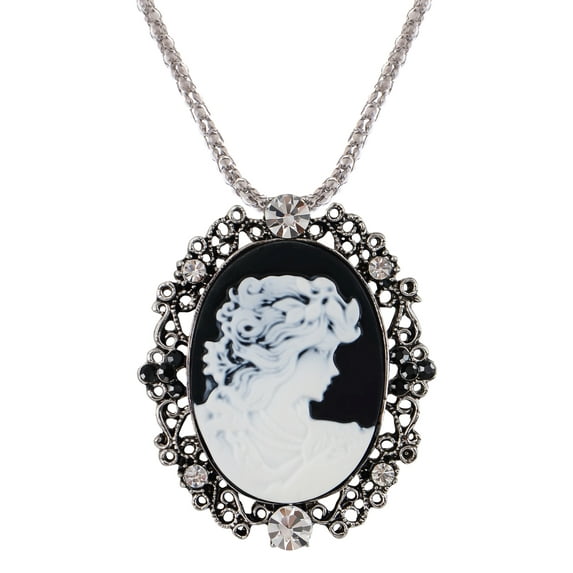Women's Antique Inspired Silvery Tone Sparkly Crystal Rhinestones Cameo Lady Victorian Maiden Pendant Necklace, Black