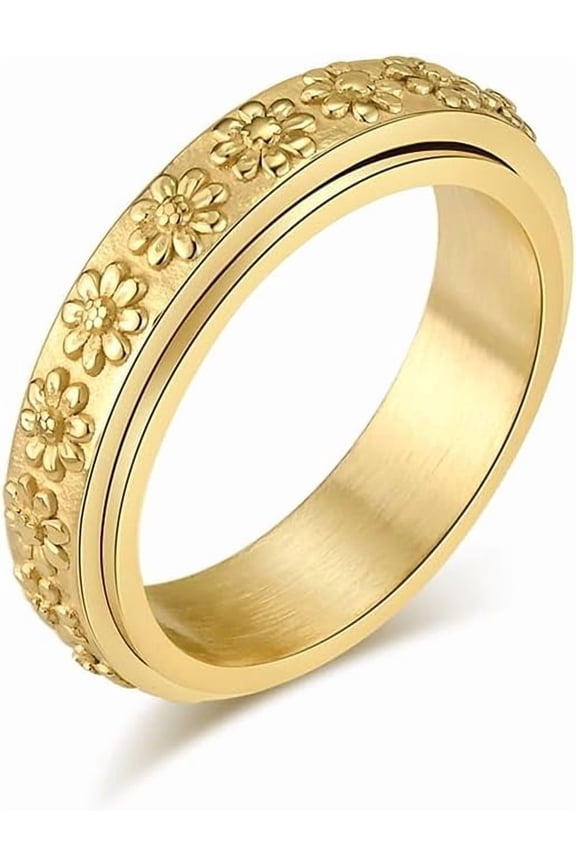 Women's Anxiety Ring 6MM Stainless Steel Spinner Ring Daisy Sunflower Pattern Wedding Band Fidget Tool