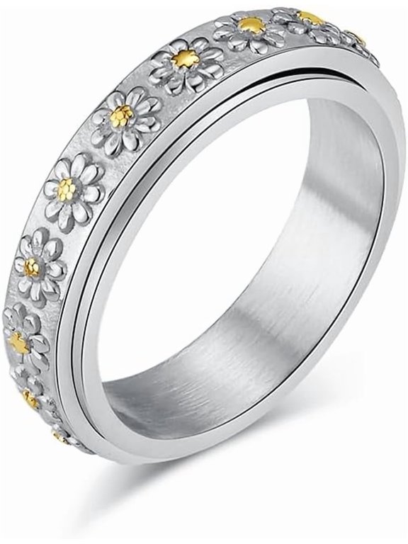 Women's Anxiety Ring 6MM Stainless Steel Spinner Ring Daisy Sunflower Pattern Wedding Band Fidget Tool