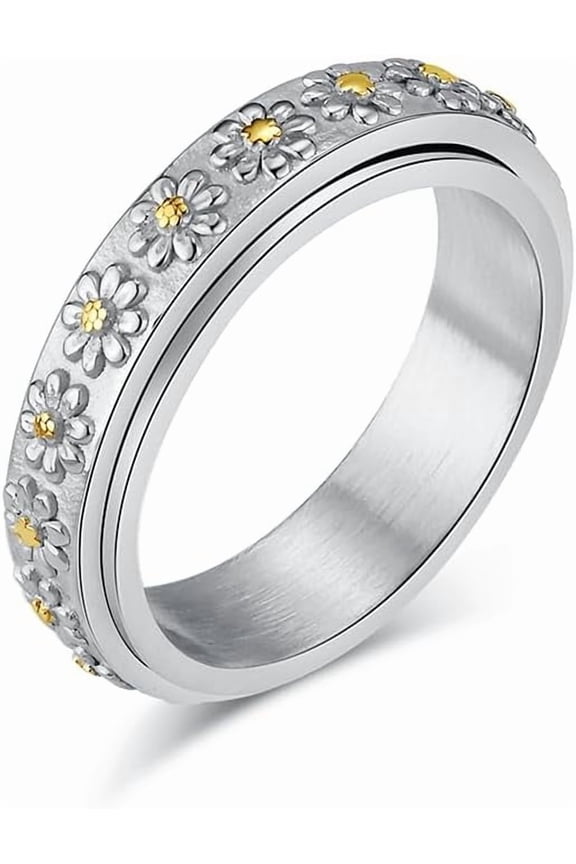 Women's Anxiety Ring 6MM Stainless Steel Spinner Ring Daisy Sunflower Pattern Wedding Band Fidget Tool