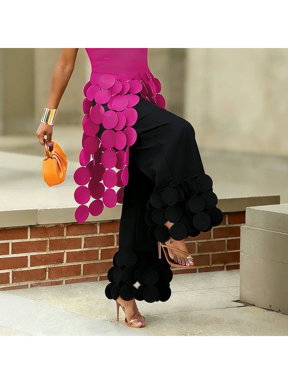 Women's Applique Detail Wide-Leg Cut Statement Pants for Party, Concert and Streetwear Looks