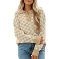 thumbnail image 1 of Women's Apricot Checkered Buttoned Collar V Neck Drop Shoulder Sweater | [ZhiHiMeRi] | (US 12-14)L, 1 of 12