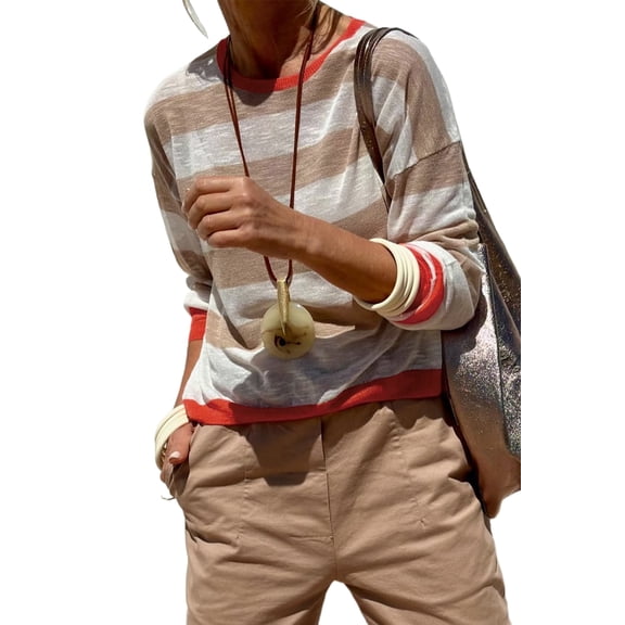 Women's Apricot Colorblock Striped Round Neck Drop Shoulder Sweater - [ZhiHiMeRi] | (US 12-14)L