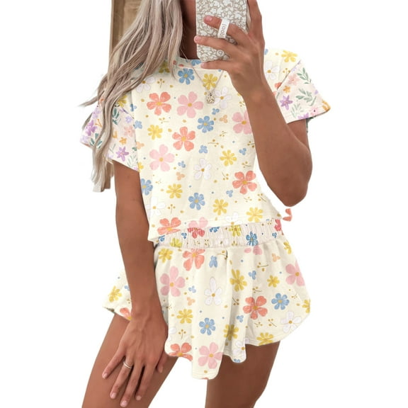 Women's Apricot Floral Print Crop Top and Wide Leg Short Set - Trendy Summer Outfit | [ZhiHiMeRi] | (US 16-18)XL