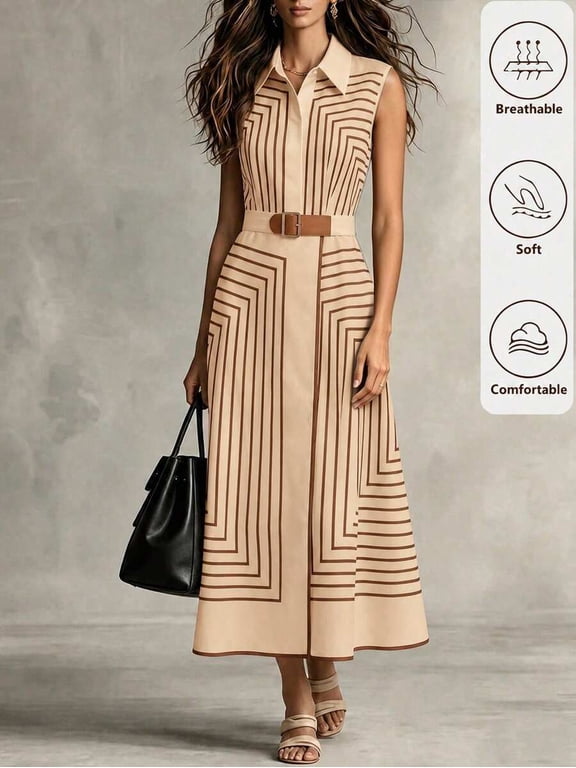 Women's Apricot Geometric Striped Sleeveless Shirt Dress, Belted Waist A-Line Midi Dress, Elegant Casual Dress For Work, Vacation & Party