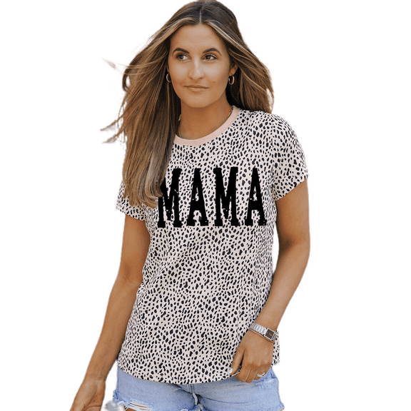 Women's Apricot Leopard MAMA Graphic Crew Neck T-Shirt