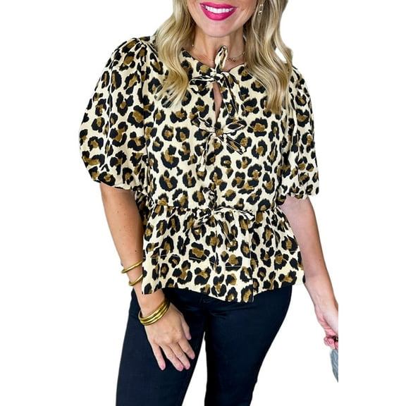 Women's Apricot Leopard Print Bubble Sleeve Bow Tie Front Peplum Blouse | [ZhiHiMeRi] | (US 12-14)L