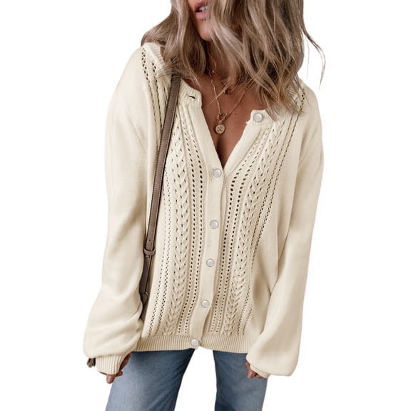 Women's Apricot Pleated Sleeve Hollow Detail Button Sweater Cardigan - [ZhiHiMeRi] | (US 12-14)L