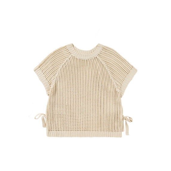 Women's Apricot Plus Size Open Knit Bow Tie Short Sleeve Sweater for Casual Summer Days, 4X