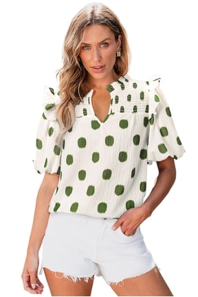 Women's Apricot Polka Dot Print Balloon Sleeve Blouse with Notched V Neck | [ZhiHiMeRi] | (US 16-18)XL