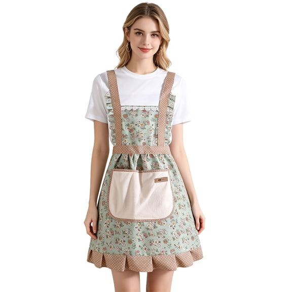 Women's Apron With Pockets, Floral-Print Kitchen Apron, Water-Resistant Cotton Apron With Adjustable Straps And A Front Pocket, Suitable For The Kitchen, Cooking, Painting, And Baking