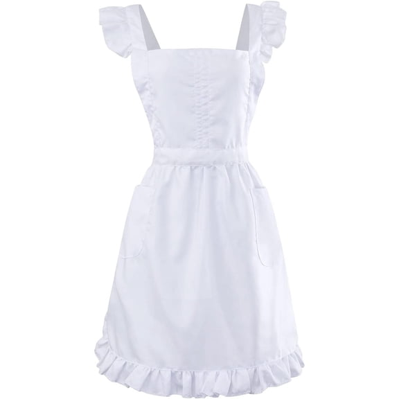 Women's Apron with Pockets Kitchen Cooking Waitress Apron Vintage Skirt Cute Ruffle Dress Clothing White
