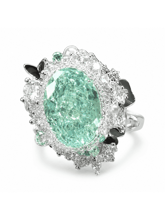 Womens Aqua Green Oval Cocktail Ring, Sparkling Statement Ring for Party and Gift