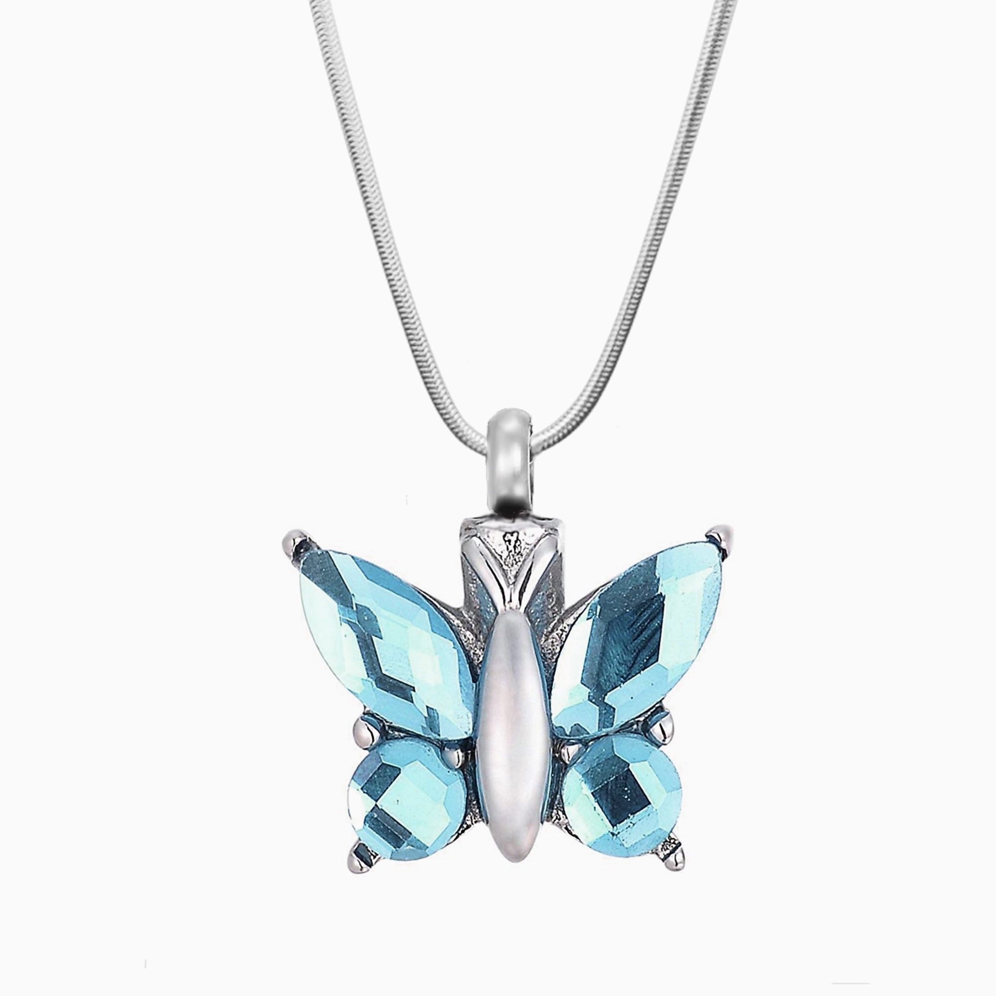 Women's Aqua Human Cremation Jewelry Murano Glass Butterfly Funerl Urn Pendant Necklace for Ashes Memorial Keepsake with Free Fill Kit and Velvet Jewelry Box