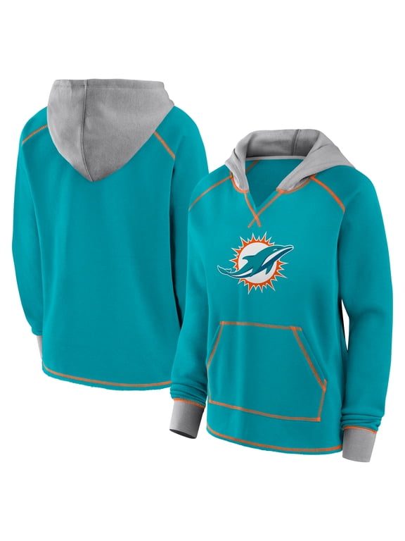 Women's Logo Athletic Aqua Miami Dolphins Boom Fleece Pullover V-Neck Hoodie