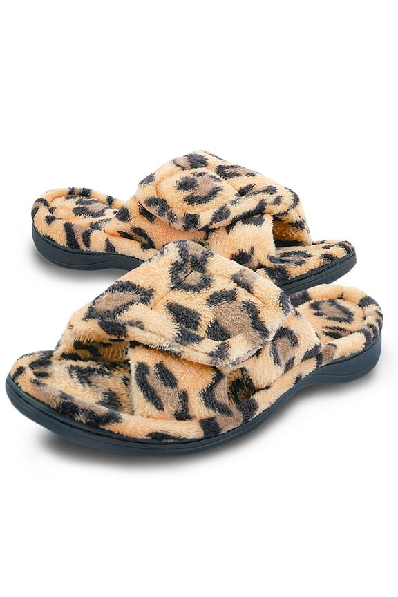Women's Arch Support Diabetic Slippers Memory Foam House Shoes Orthotic Heel Cup Arthritis Edema Slippers with Adjustable Strap, Leopard 8/9