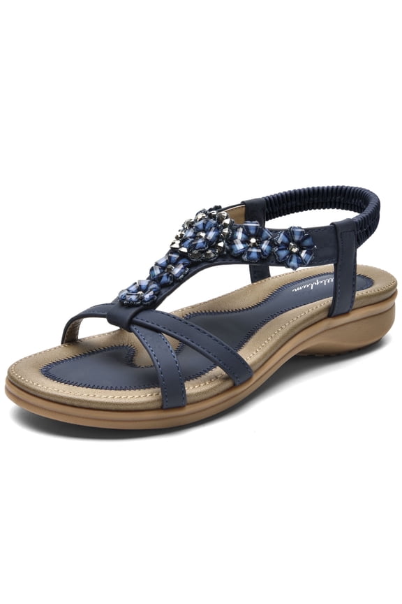 Women's Arch Support Sandals Rhinestone Wedge Summer Bohemian Non-Slip Elegant Sandals for Women,Blue,Size 9
