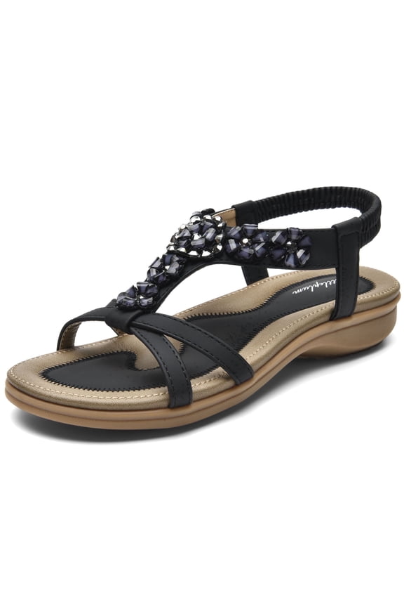 Women's Arch Support Sandals Rhinestone Wedge Summer Bohemian Non-Slip Elegant Sandals for Women,Black,Size 9