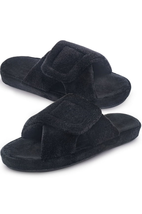 Women's Arch Support Slippers Memory Foam Orthotic Heel Cup Arthritis Edema House Shoes with Velcro Closure, Black 7