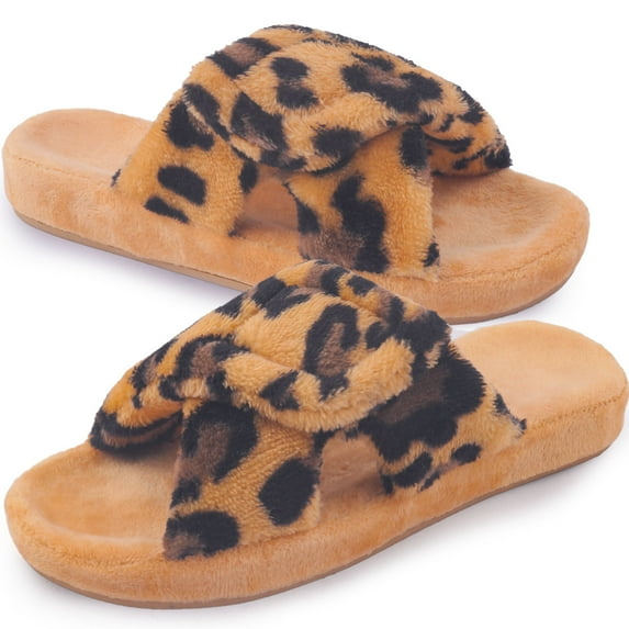 Women's Arch Support Slippers Memory Foam Orthotic Heel Cup Arthritis Edema House Shoes with Velcro Closure, Leopard 7